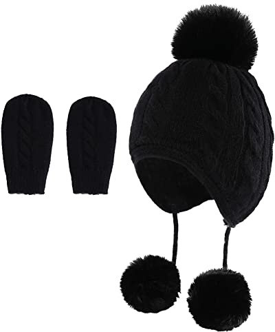 Vobozeany 2 Stück Set Baby Kinder Winter Mütze Mädchen Jungen Warme Wintermütze mit Fleece Pompon Handschuhe Babymütze Gestrickter für Neugeborene Kleinkind 0-3 Jahre