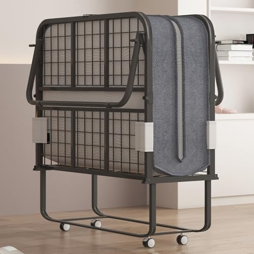 BALUS Rollaway Bed with Mattress for Adults, 75x 31 Folding Bed with Lockable Casters, Foldable Cot Beds for Guest, Portable Small Bed with Easy Storage Sturdy Metal Frame for Bedroom(Standard)