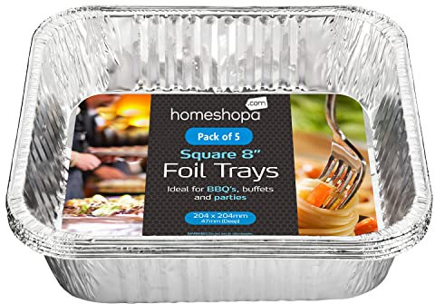 Homeshopa Aluminium Foil Trays, 8 Inch 5 Pack Square Disposable Tin Foil Containers, Best for Meal Prep, Baking, Broiling, Roasting, Freezing & Food Storage Takeaway Tins, Oven Freezer Safe