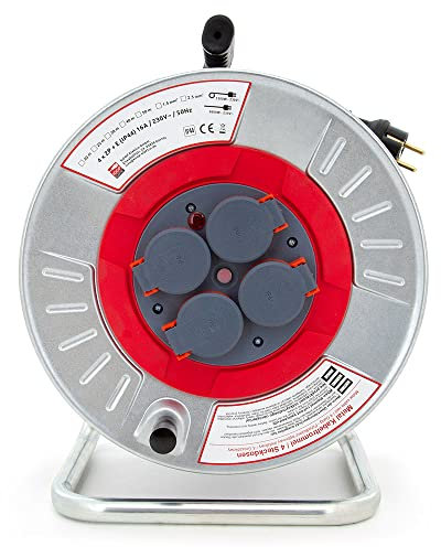 KOOP Elektro Metall Kabeltrommel Wasserfeste Verlängerungskabel mit 4 Steckdosen Schuko IP44, stark und robust für Außenbereich 30m H05RR-F 3G2,5mm2 / Metall