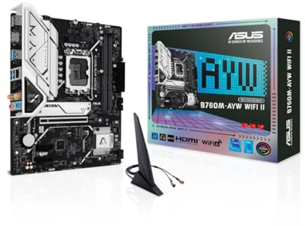 ASUS B760M-AYW WiFi II, Carte mère Intel mATX, LGA 1700, Emplacement DDR5, PCIe 5.0, Deux emplacements M.2, Ethernet Realtek 2.5Gb, Wi-FI 6, HDMI 2.1, SATA 6 Gbps, Ports USB Avant 5 Gbps, Aura Sync