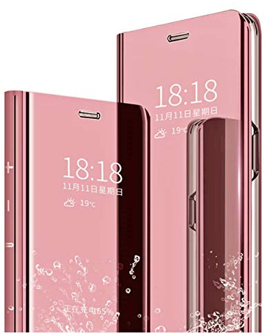 MLOTECH Hülle für Samsung Galaxy S23 Ultra,Handyhülle + Schutzfolie [2 Stück] Flip Transluzent View Miroir Cover Anti-Schock Spiegel Standfunktion Schutzhülle Roségold
