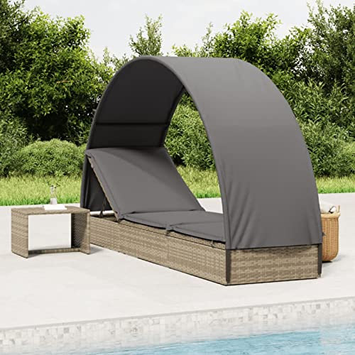Yolola Sonnenliege mit Dach, Gartenliege mit Runddach, Poly Rattan, bis 150 kg belastbar, Rückenlehne verstellbar, klappbar, Garten, Balkon, Terrasse, Grau