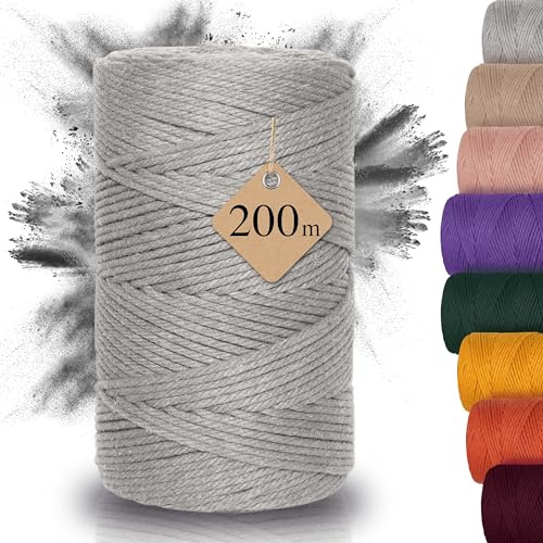 Nachhaltiges Makramee Garn 3mm x 200m – Häkelgarn für Taschen (hellgrau) | DIY Flechtkordel für Untersetzer, kleine Körbe etc, 100% Recycelt & Hochwertig