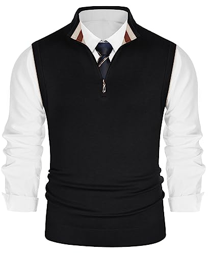 PJ PAUL JONES Mens Sleeveless Sweater Vest 1/4 Zip Classic Stand Collar Knitted Pullover Vest Black Large