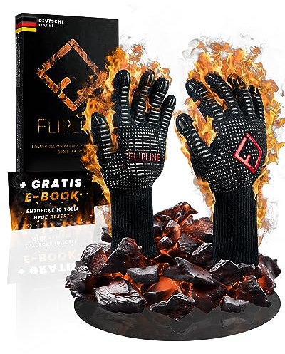 FLIPLINE® Gants de Gril résistants à la Chaleur - Gants ignifuges de qualité supérieure, Gants de Four, Gants de Cuisson, Gants de Cuisson pour Cuisine et Grill - Gants de Barbecue avec E-Book (M)
