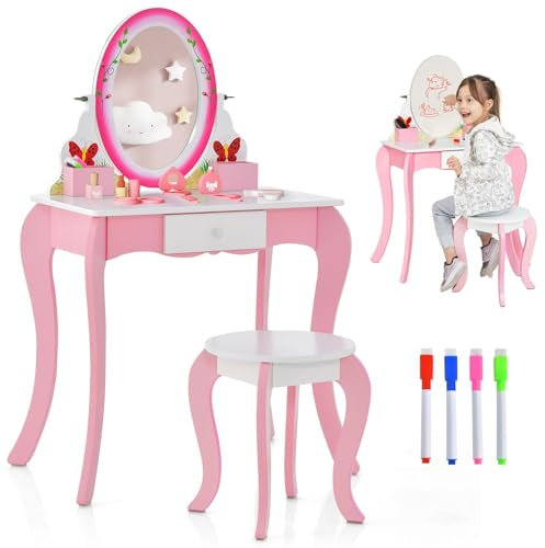 Maxmass 2-in-1 Kids Vanity Table and Stool Set, Wooden Children Makeup Dresser with 360° Rotatable Mirror/Whiteboard, Storage Boxes & Drawer, Princess Dressing Table for Girls (Butterfly Pattern)