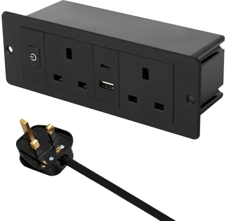Desktop socket, Desktop Power Socket with USB, Recessed Multifunctional Desktop Socket, 2AC+USB A+C with 1.8 m Cable and Switch (Black)
