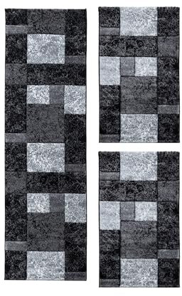 Carpetsale24 Bettumrandung Schlafzimmer 3 teilig Moderne Kurzflor Teppich Schwarz Bettvorleger Schlafzimmer Bettset: 2 St. 80x150 cm | 1 St. 80x300 cm - Konturenschnitt Teppich Läufer Set Flur