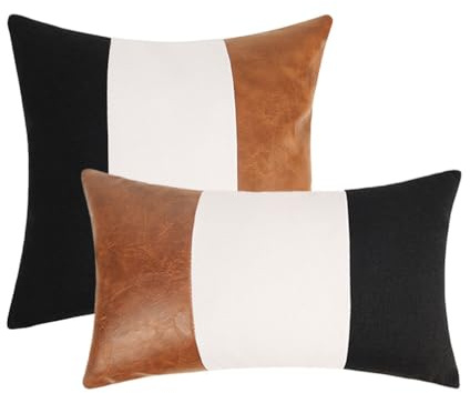 Pmnzdy 2er Set Kunstleder Kissenbezug Leder Sofakissen Dekorative Kissenhülle Kissenbezüge Kissen Zierkissenbezüge Streifen Patchwork Leinen Dekokissen Bezug für Sofa Auto Heimdekoration