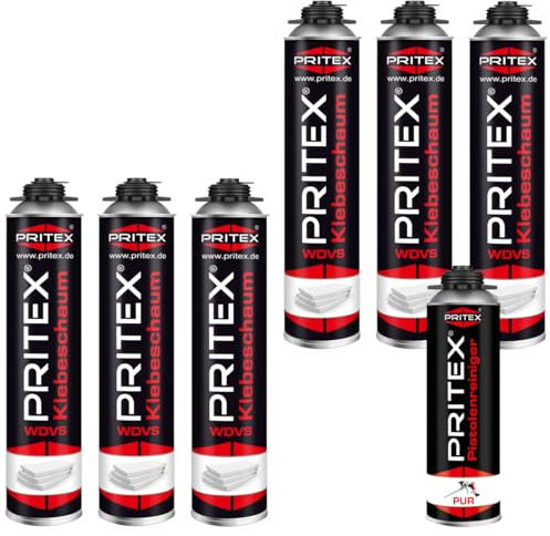 PRITEX WDVS Klebeschaum Set, 6x 750ml Dämmstoffkleber inkl. Pistole