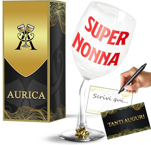 Aurìca Calice Vino Personalizzato SUPER NONNA – Bicchiere Piegato Per Brindisi Affettuosi E Ironici Regalo Originale Per La Regina Di Casa Sempre Pronta A Coccolare Con Confezione Regalo Inclusa