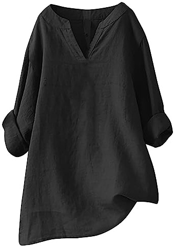 IQYU Lång blus damer stora storlekar linne – lång skjorta damer långärmad ledig v-ringad tunika långärmad sommarblus vintage blus elegant linneblus stora storlekar toppar ledig långärmad skjorta blus