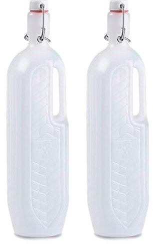 Tradineur - Confezione da 2 bottiglie di plastica con manico, disponibile tappo a pressione e manico, realizzato in plastica (PP) - 30 x 6,5 x 7,5 cm - 1 litro