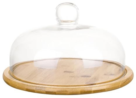 HOUSN 1 Set Kuchen Glasglocke mit Holz Keramik Teller Glas Käseglocke Tortenplatte Haube Dome Torten Glashaube Kuchenständer Lebensmittel Abdeckung Deckel für Patisserie,Weiß,15cm