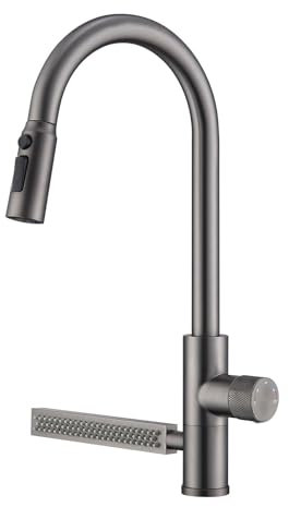 RONMX Wasserfall Wasserhahn Küche, 720° Drehung RF0284 Modern Küchenarmatur Ausziehbar, 4 Modi Armatur Küche, Küchenarmatur Mischbatterie, Spültischarmatur Küche, Kaltwasserstart, Dauerhaft