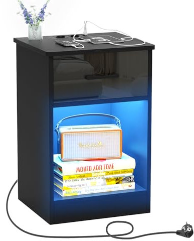 HaodaCulture Comodino Camera da Letto,Comodino con cassetti e vano portaoggetti aperto, Tavolino Comodino 16 colori RGB luci LED, 2 porte USB e 2 prese AC, Tavolino per camera da letto