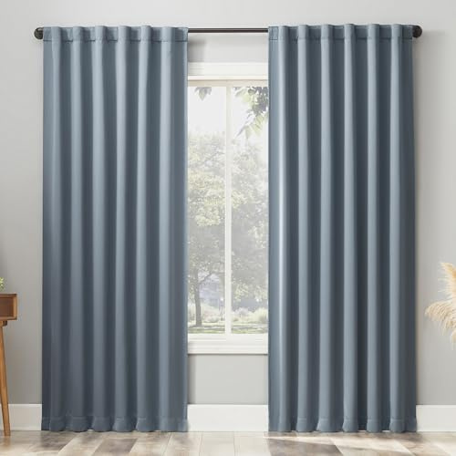 Sun Zero Belize 2-Pack Magnetic Closure Theater Grade 100% Total Blackout Back Tab/Rod Pocket Curtain Panel Pair, Denim Blue, 52 W x 84 L (2 Panels)