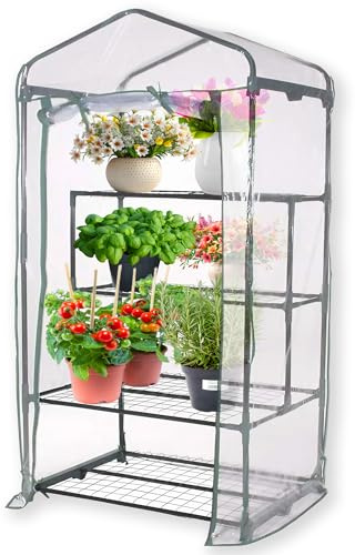 ESTO Serra da Balcone da Giardino, Corpo in Policarbonato e Telo in PVC Trasparente, Adatto per Colture Invernali, Copertura per Piante e Fiori (2+2 Ripiani)