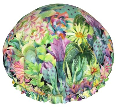 Hair Cap for Shower - Watercolor Blooming Cactus Double Layer Shower Cap Reusable, Large Shower Cap for Women, Hair Cap for Shower with Peva Lining and Elastic Rope