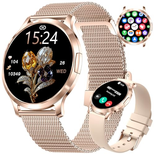 Smartwatch Damen Telefonischer Anruf Dünner 1.32 HD AMOLED Touchscreen Smartwatch Damen Roségold Kompatibilität iOS Android,2 Armbändern,100+ Sportmodi/Herzfrequenz/Schlafmonitor/Menstruationszyklus