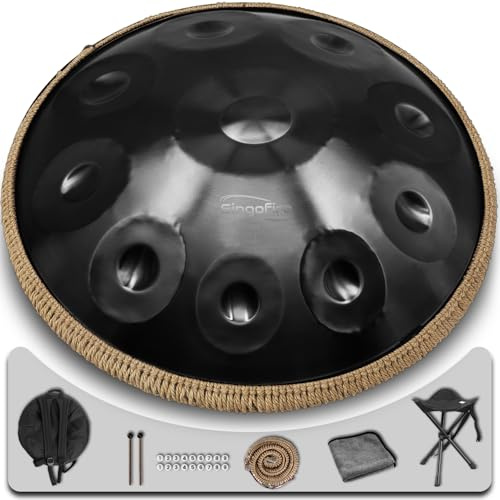 SINGOFIRE Handpan-Trommel, Handpan-Trommel für Erwachsene, 55,9 cm, 432 Hz, D-Moll, Kurd-Handpan-Instrument (Schwarz, 10 Noten (432 Hz), 55,9 cm