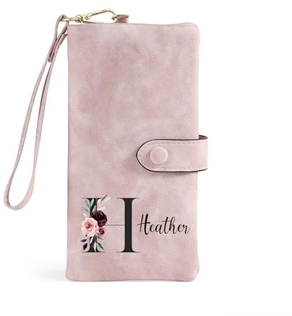 Jeweidea Personalisierte Damen Geldbörse mit Namen Brief PU Leder Lange Portemonnaie mit Handschlaufe Karte Bargeld ID Münze Zip Geschenke für Mama Frau Oma (Rosa)
