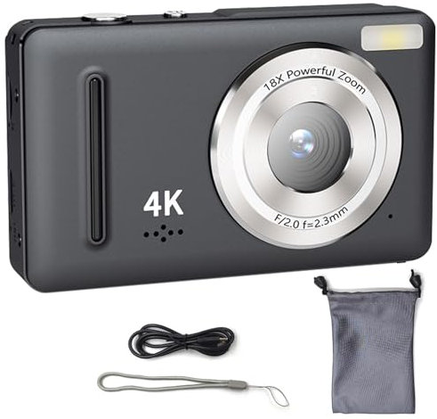 Lizbin Appareil photo numérique 4K pour la photographie, petits appareils photo avec zoom 18x, anti-tremblement, autofocus compact, appareil photo numérique point et prise de vue pour débutant (noir)