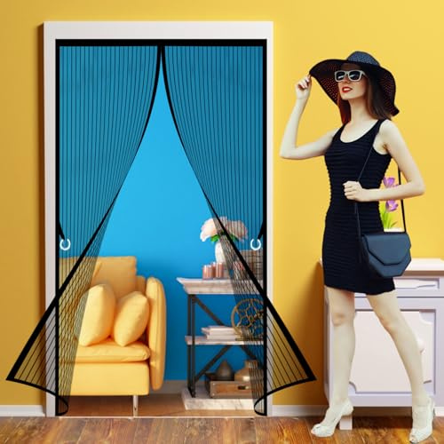 Cortina Mosquitera Puerta Magnetica 114 x 188 cm Protección Contra Insectos sin Taladrar para Puertas Exteriores, Negro