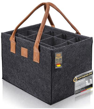 GOLDFALKE Flaschenträger für 12 Flaschen EXTRA STABIL aus Filz – Flaschenkorb, Flaschentasche, Getränkekorb für Bier, Wein & Pfandflaschen – Flaschenaufbewahrung (12 Fächer Dunkelgrau)