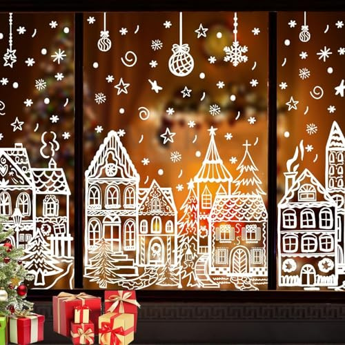 DTYDECLE 4 Blätte Weiß Weihnachten Fensterbilder, Doppelseitig Statische Weihnachtsfensterbilder Wiederverwendbar Winter Weihnachts Fensteraufkleber Fenster Weihnachtsdeko mit Häuser Schneeflocken