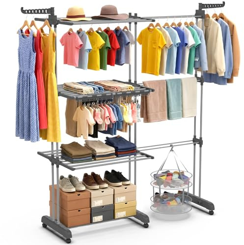 Ferghana 3-stufiger Wäscheständer Turm, ausziehbar (66-130 cm), 40 kg Tragfähigkeit, klappbarer Wäscheständer mit faltbarem Design, platzsparend für Zuhause (Grau)
