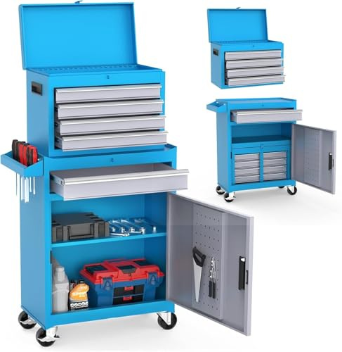 LEADZM Werkstattwagen leer, Werkzeugwagen mit Schloss，Metall（Blau） | Werkzeugschrank mit Schloss, Koffer & 5 Fächer & verstellbarem Regal, Kugelgelagerte Schubladen, 52x28x102cm
