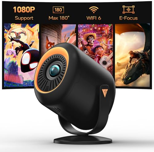 Mini Beamer 4k Heimkino, tragbarer Projektor Native 1080P Unterstützung 4K mit um 180° verstellbarem Ständer, max 180 Zoll Display, integrierte Lautsprecher, WLAN und Bluetooth