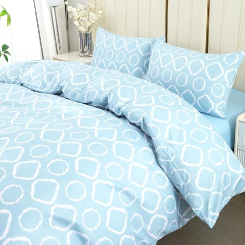 DECODEKO Juego Funda Nórdica 4 Piezas para Cama 135 - Funda Nordica 220x220cm, Bajera 135x200cm, 2 Fundas Almohada 50x75cm, Estampado Círculos Azul Claro, Microfibra Suave Transpirable