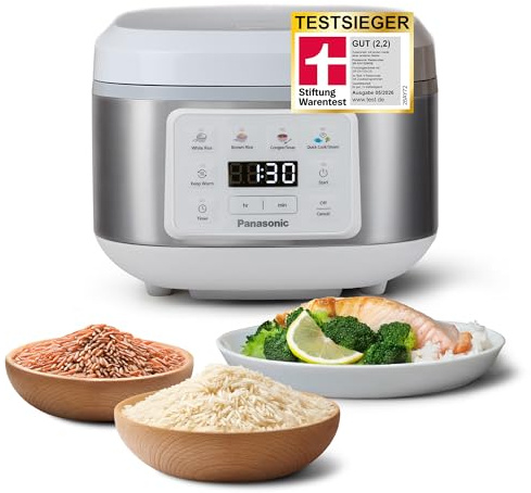 Panasonic SR-DA152WXE Olla Arrocera Automática con Vaporera, 1,5 litros, 8 tazas, Fuzzy Logic, Indicador De Cantidad De Agua, Sin BPA, Mantiene Caliente, Inicio Diferido, Blanco