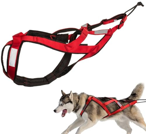 X-Back Schlittenhund Zuggeschirr, Rot-Schwarz, Reflektierend, Gepolstert, M/L/XL für 25-60kg Hunde, Sport & Wintersport Hundegeschirr mit Brustgurt (Rot, L)