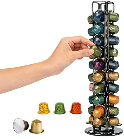 MJFENDAI 40 Coffee Capsule Holder for Nespresso, 360° Rotating Coffee Pods Storage, Coffe Storage Rack for Living Room, Kitchen, and Office, Sleek Black Finish