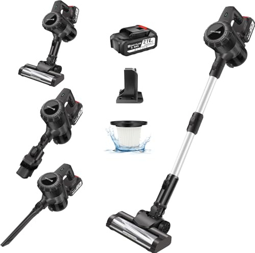 Bowose Aspiradora inalámbrica de 21 V, 140 W/20 KPa, aspiradora de mano con batería, 2 modos de succión, cepillos de suelo LED, aspiradora independiente con batería intercambiable para alfombras, pelo