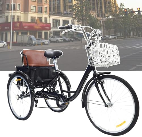 HTDRE 24-Zoll-Dreirad für Erwachsene, 24-Zoll-Fahrrad mit Muskelkraftantrieb, Korb und Rücksitz, geeignet für Männer, Frauen, Jung und Alt, für Picknicks, Einkäufe und die Arbeit