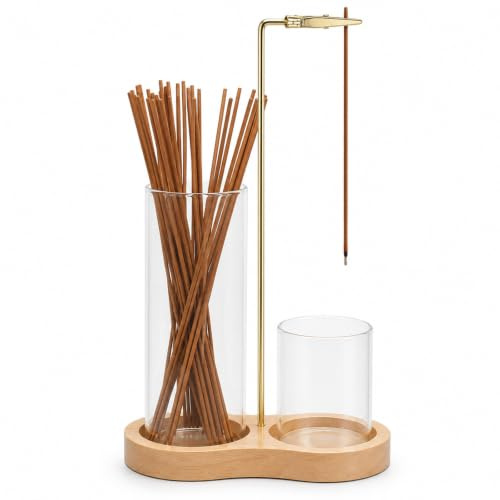FSAIYIJ Upside Down Incense Holder with Glass Ash Catcher, Wooden Stand | Wooden upside down incense holder with metal clip, removable glass ash catcher and separate stick storage cup
