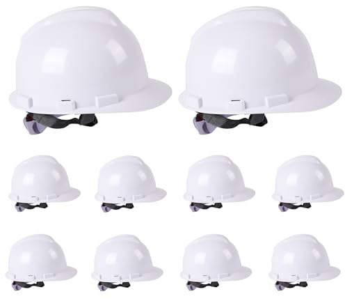 FAHKNS 10-Pack ABS Suspension Hard Hats, Adjustable Construction Helmets with Sweatband & Chin Strap, Ratchet Cap Style Safety Hard Hats for Men Women (White)