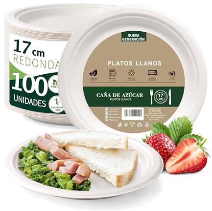 BESCH 100 Platos de Caña de Azúcar Ecológicos y Biodegradables de 17cm ⌀ – Resistentes al Corte, Apto para Microondas y Congelador – Ideal para Picnics, Fiestas y Uso Diario