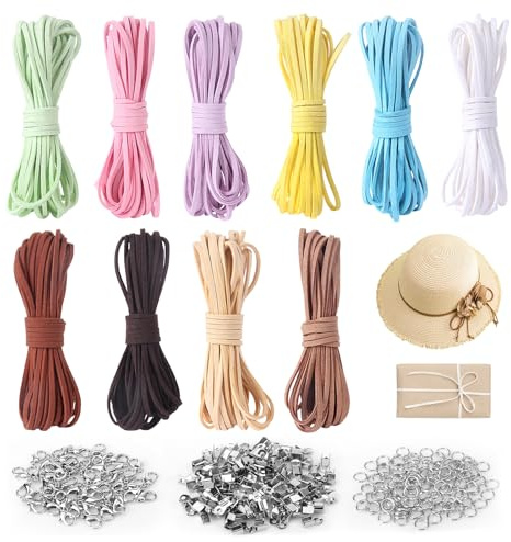 10 Stück Farben Lederband 3mm x 5m Lederband für Ketten Lederschnur Flaches mit 100 Verschluss, 20 Karabinerverschluss und 100 Biegeringe, Basteln Lederbänder für DIY Armband Halskette