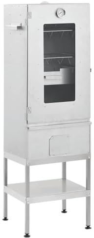 Horno para ahumar con mesa auxiliar, 83 cm, acero galvanizado con termómetro, ventana de cristal, 3 rejillas y 12 ganchos para pescado, carne, salchichas