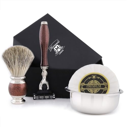 Haryali London set di 5 pezzi marrone anticato da barba con spazzola nera per capelli di tasso e rasoio con 3 bordi, ciotola, sapone