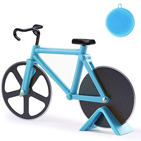 Fahrrad Pizzaschneider, Pizza Cutter aus Antihaftbeschichtetem Edelstahl, Robuster Küchenhelfer mit scharfem Schneiderad, Geeignet für Party usw, Interessantes Weihnachtengeschenk, Blau