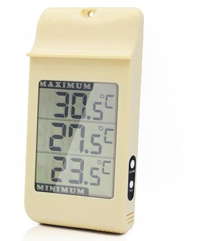 FISHTEC Mini/Maxi Termometro Cifre speciali - Impermeabile IPX4 - Per interni ed esterni con gancio a muro - Memoria delle temperature minime e massime - 16 x 8 cm - Beige