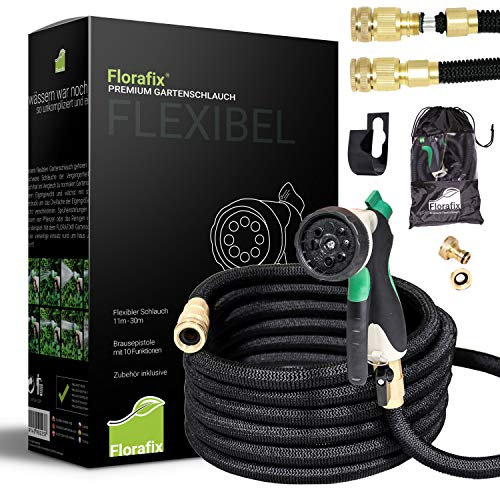 Florafix Flexibler Premium Gartenschlauch, Wasserschlauch Flexibel mit 3-Fach Latexkern, Dehnbarer FlexiSchlauch, Alle Verschraubungen aus Hochwertigem Messing (ausgedehnt 7,5m)