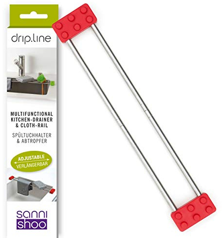 Sanni Shoo drip.line - Spültuchhalter multifunktional, rot | Ausziehbarer Spüllappenhalter bis 56,6cm, Rostfreier Edelstahl, als Abtropfgitter Spüle und Lappenhalter Spülbecken